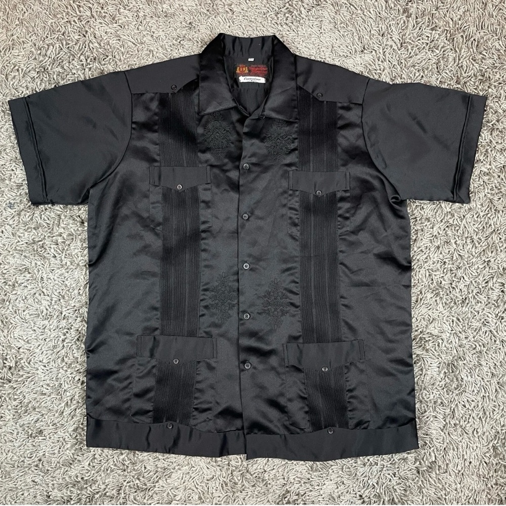 Vintage Guayabera Yucatecas Shirt Mens Extra Large XL Black Silk Satin Mexico